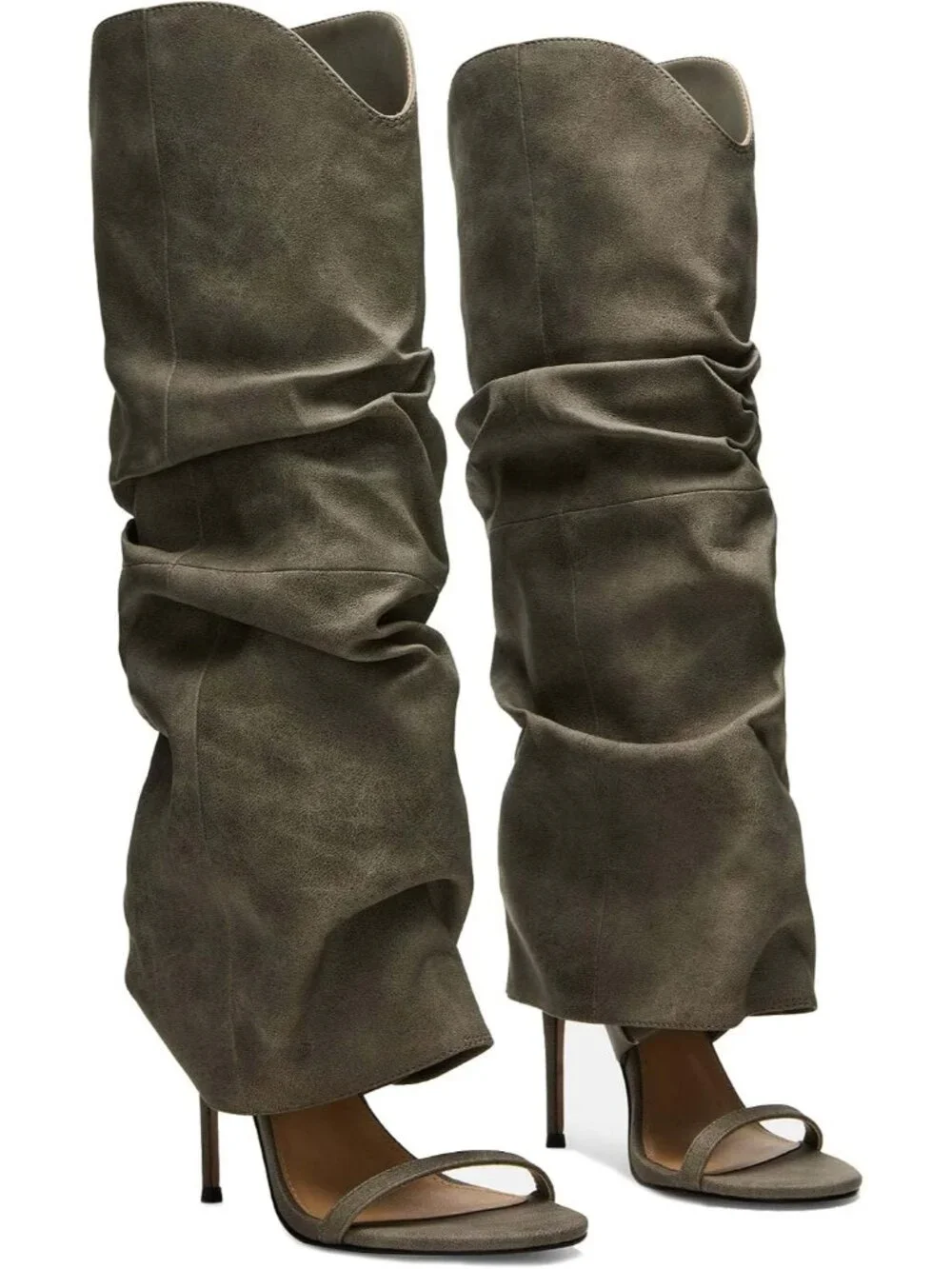 Women's Green Slouchy Knee High Boots Open Toe High Heel Sandals Boots Pull On